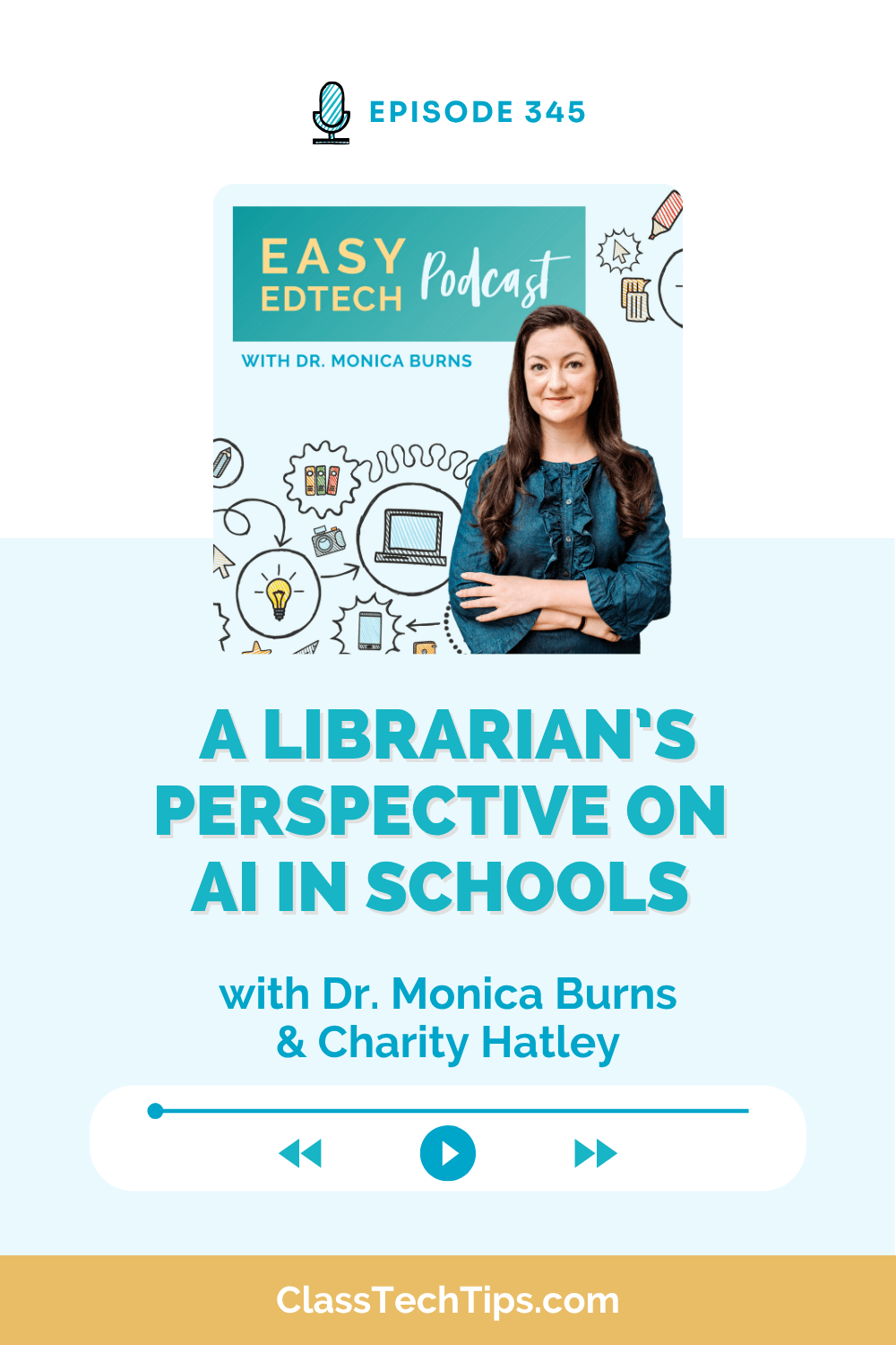 Podcast episode thumbnail for "A Librarian's Perspective on AI in Schools" featuring Dr. Monica Burns and Charity Hatley. It highlights the integration of AI tools like ChatGPT and Gemini in education, emphasizing practical applications for school librarians and teachers using AI in schools to enhance learning.