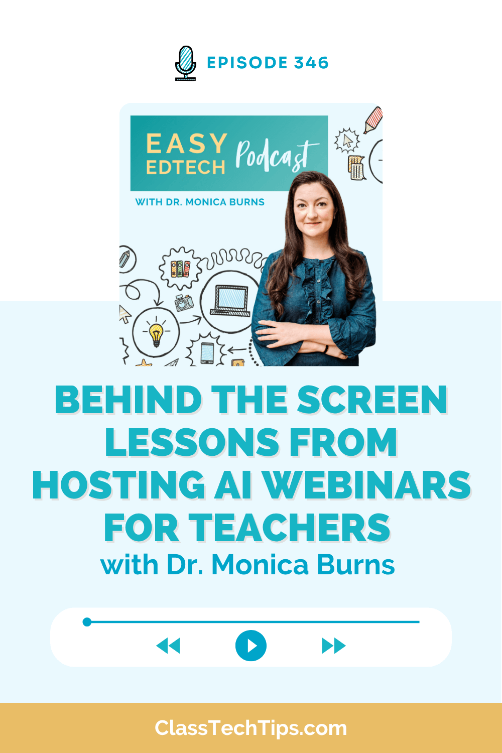 Easy EdTech Podcast Episode 346 with Dr. Monica Burns: Behind the Screen - Lessons from Hosting AI Webinars for Teachers, featuring podcast cover art with educational icons and play button interface