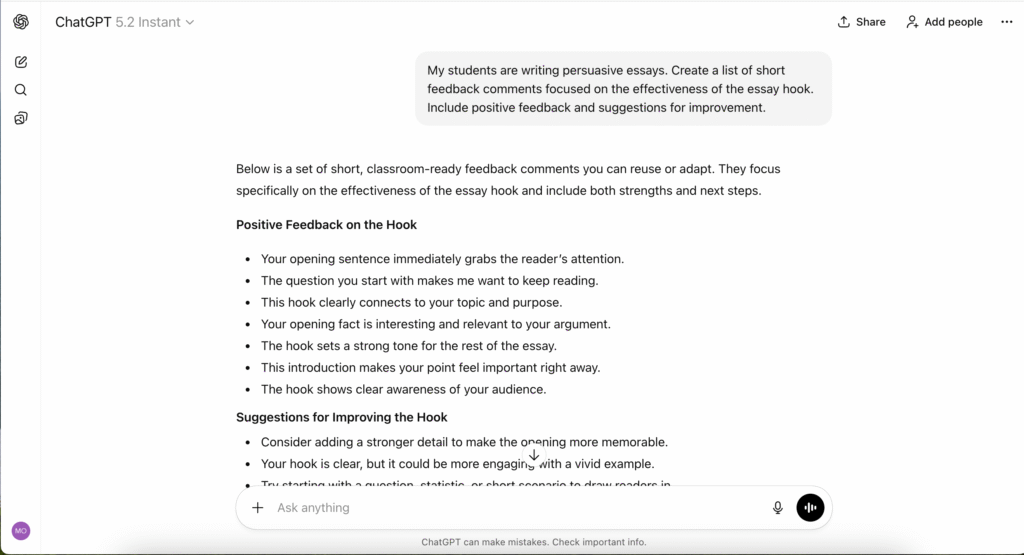 Screenshot of ChatGPT generating feedback comments from a prompt about persuasive essay hooks, showing AI Tools for Teacher Feedback in action.