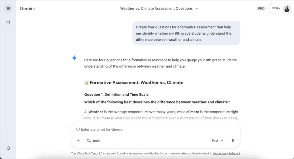 Chatbot example where Gemini creates reusable formative assessments for students
demonstrating AI Tools for Teacher Feedback