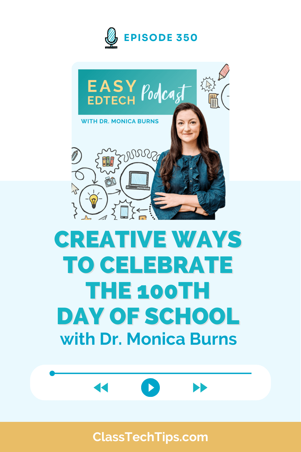 Podcast cover for Easy EdTech Episode 350 featuring Dr. Monica Burns, titled “Creative Ways to Celebrate the 100th Day of School,” highlighting tech-friendly classroom activities.