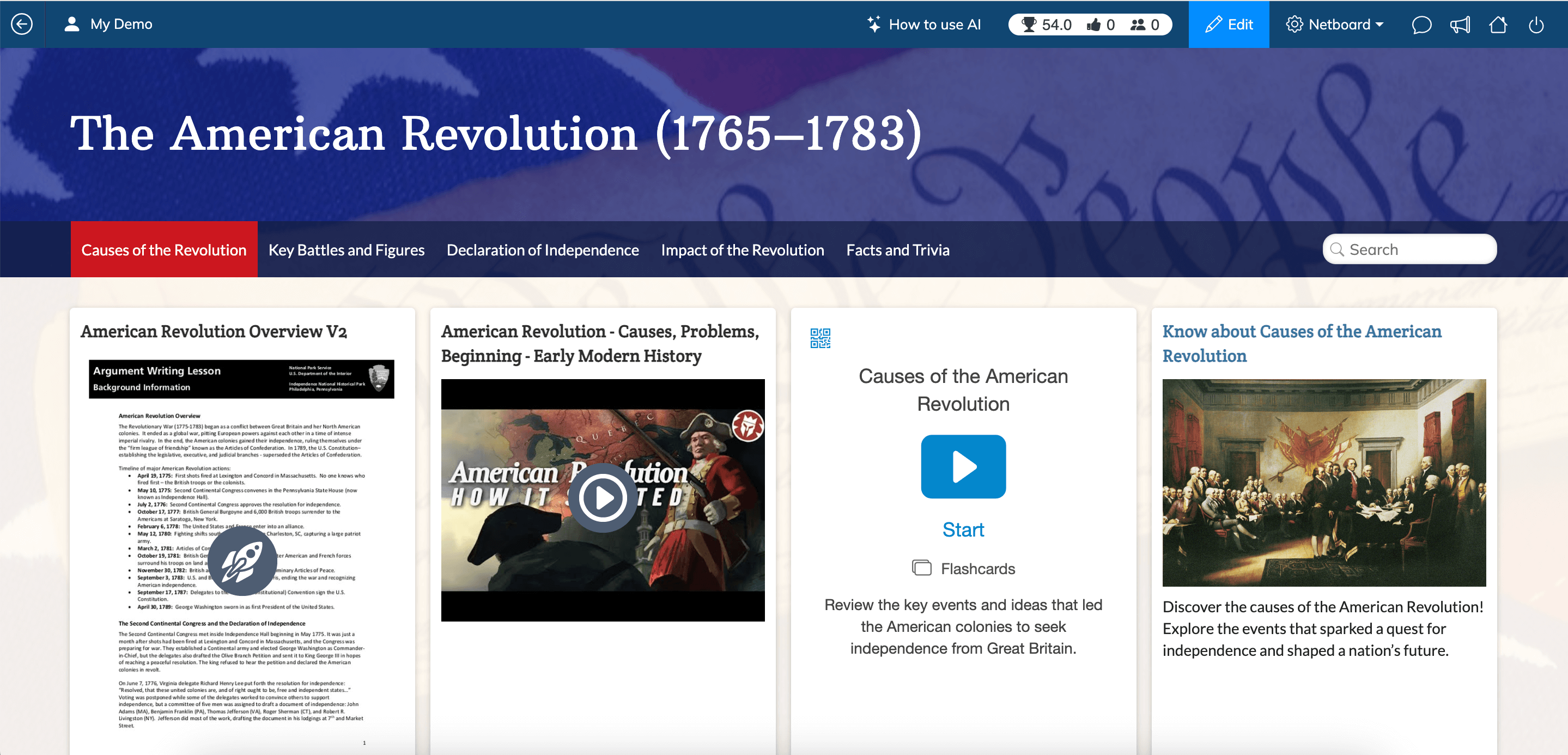Interactive learning pages in Netboard.me with tabs for an American Revolution unit and resources like readings, videos, and a quiz card.
