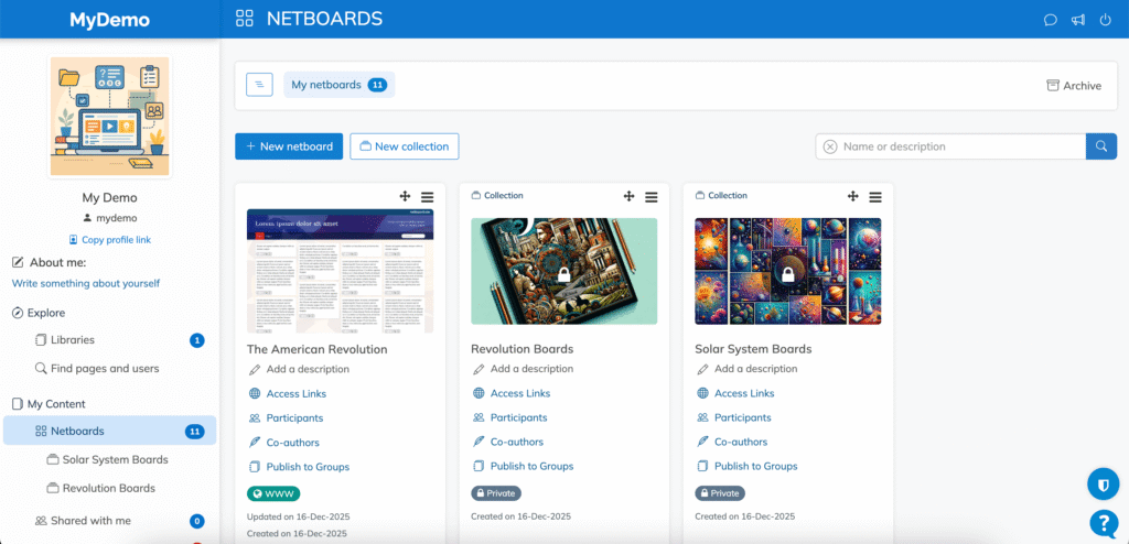 Interactive learning pages in the Netboard.me teacher dashboard showing My netboards, collections, and buttons to create a new netboard.
