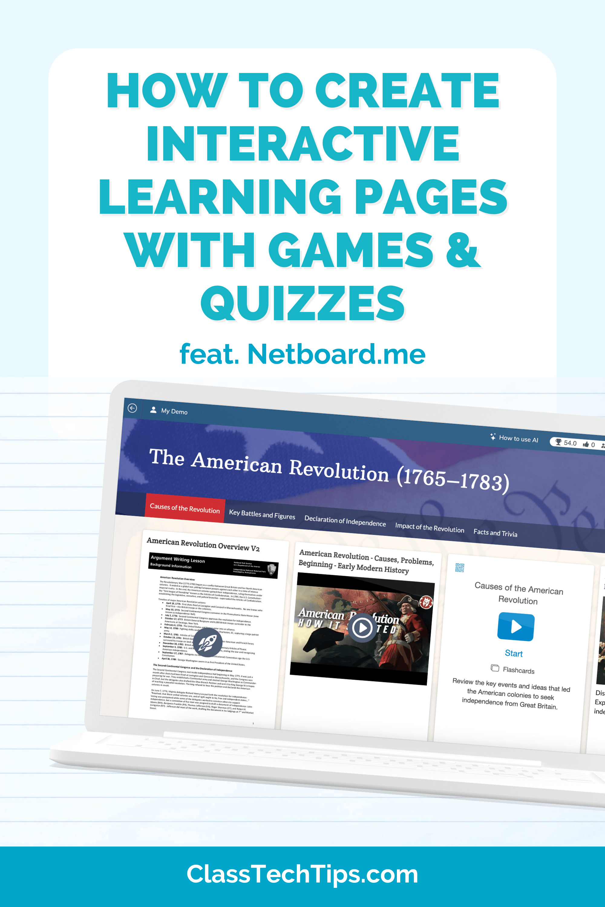 Interactive learning pages title graphic showing a Netboard.me lesson page on a laptop with games and quizzes.