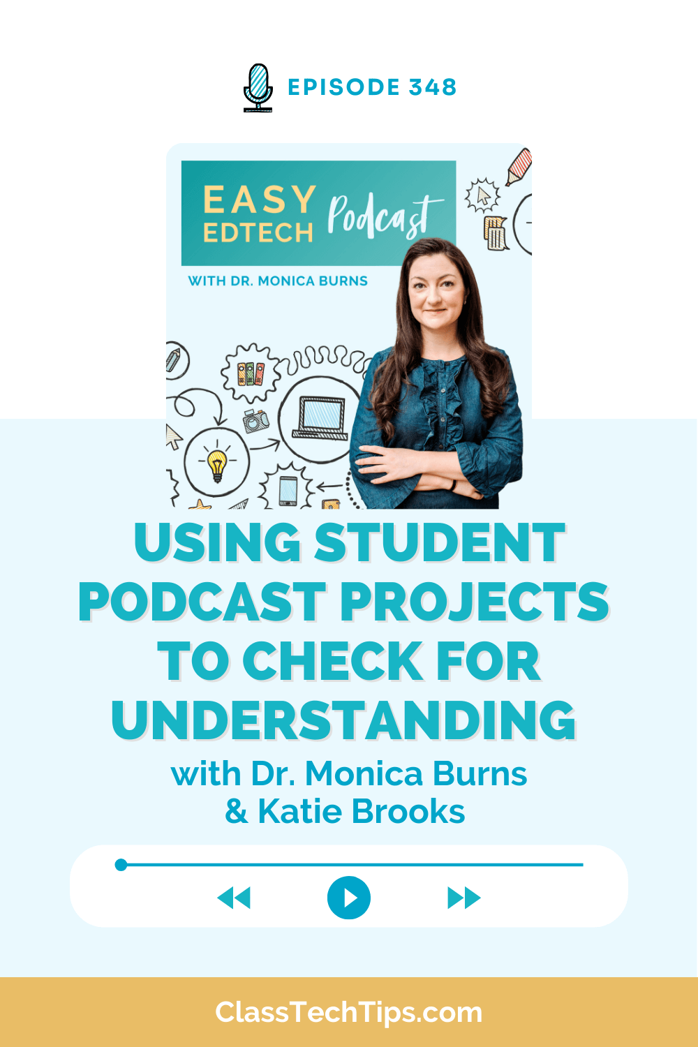 Podcast cover image for Episode 348 of the Easy EdTech Podcast, titled: "Using Student Podcast Projects to Check for Understanding with Dr. Monica Burns & Katie Brooks." The image features Dr. Monica Burns and illustrations of educational technology.