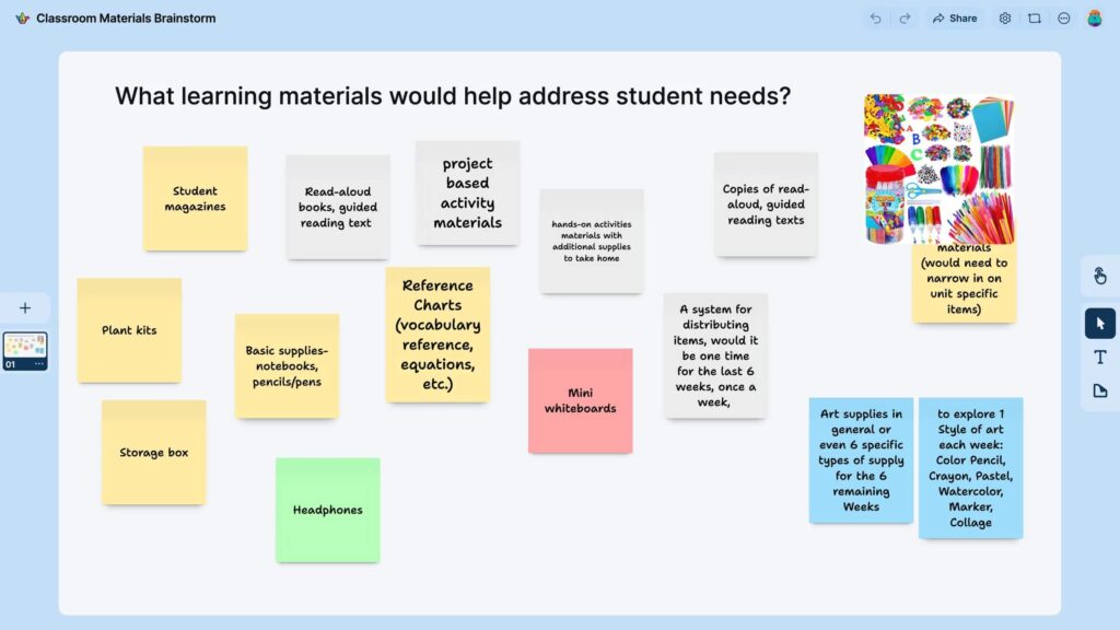 Padlet board with digital sticky notes used for a classroom materials brainstorm, showing how Padlet supports real-time collaboration.