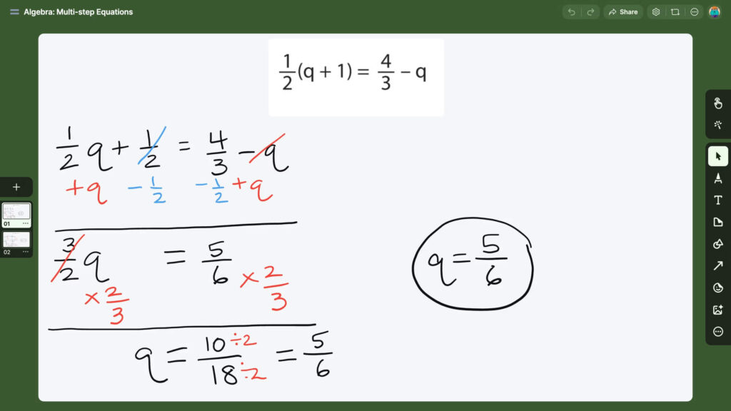 Padlet whiteboard showing a step-by-step algebra equation solved with handwritten annotations and color-coded marks.