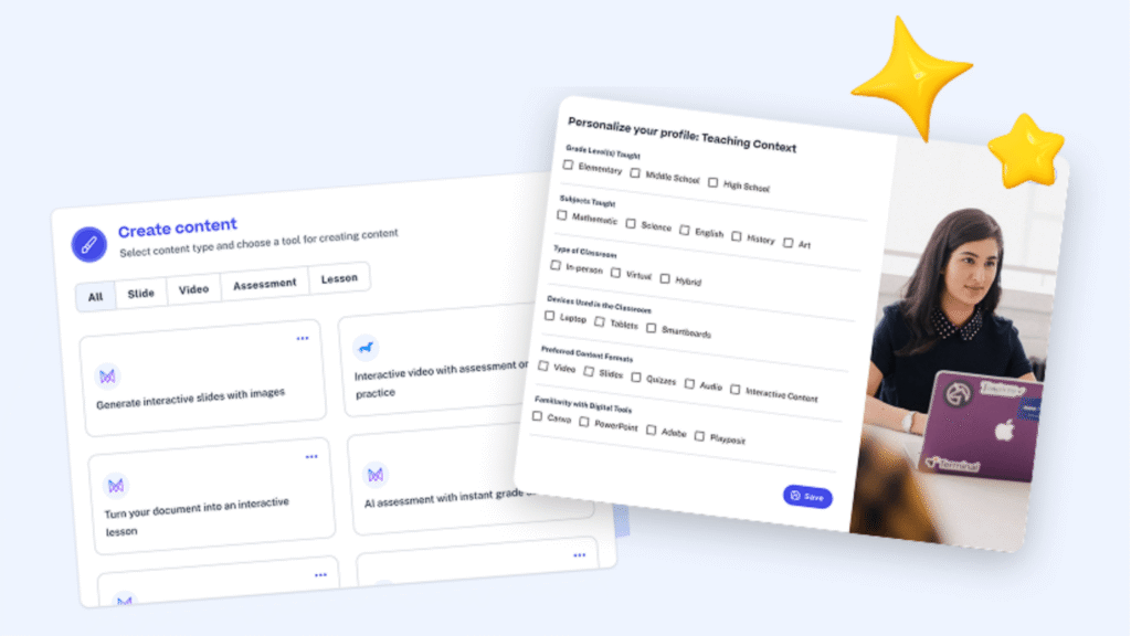 Interface view of the TeachSuite platform for teachers showing options for AI assessments, interactive video tools, and a dashboard for turning lessons into earnings.