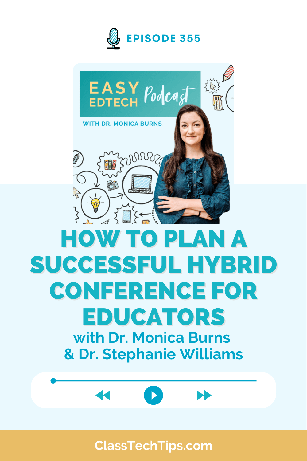 Graphic promoting an Easy EdTech Podcast episode on how to plan a successful hybrid conference for educators with Dr. Monica Burns and Dr. Stephanie Williams.