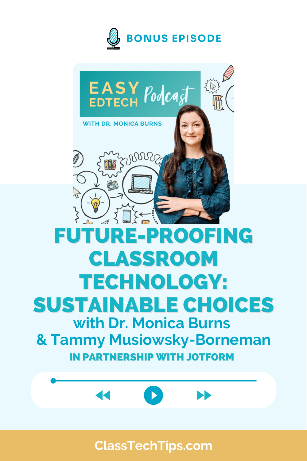 Podcast graphic promoting a bonus episode about Classroom Technology featuring Dr. Monica Burns and Tammy Musiowsky-Borneman discussing sustainable, future-proof choices.