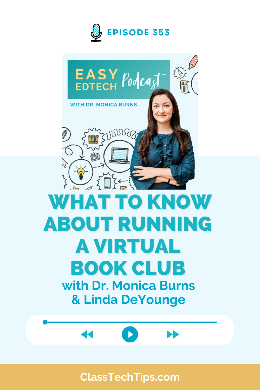 Podcast cover for Easy EdTech Podcast episode 353 featuring Dr. Monica Burns and Linda DeYounge discussing best practices for running virtual book clubs for educators.