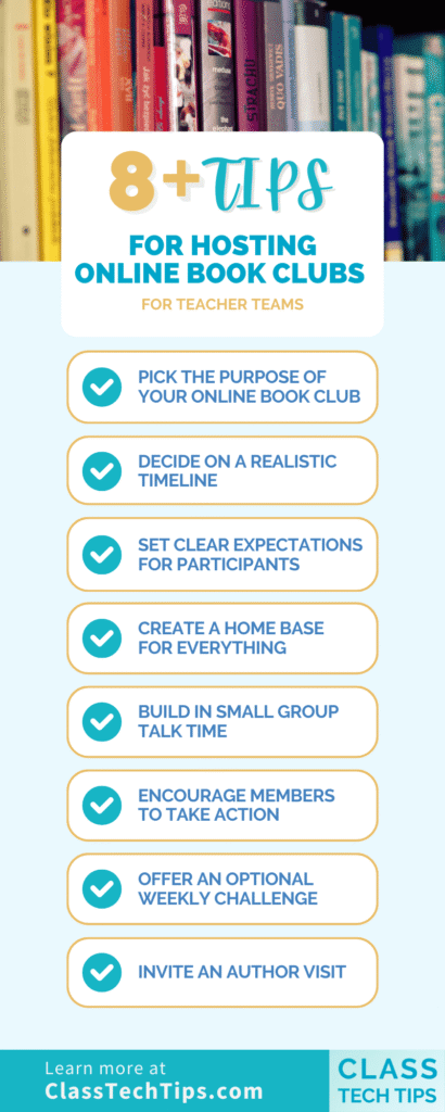 Infographic highlighting Online Book Club tips for teacher teams with ideas for collaboration, reflection, and professional learning using digital tools.
