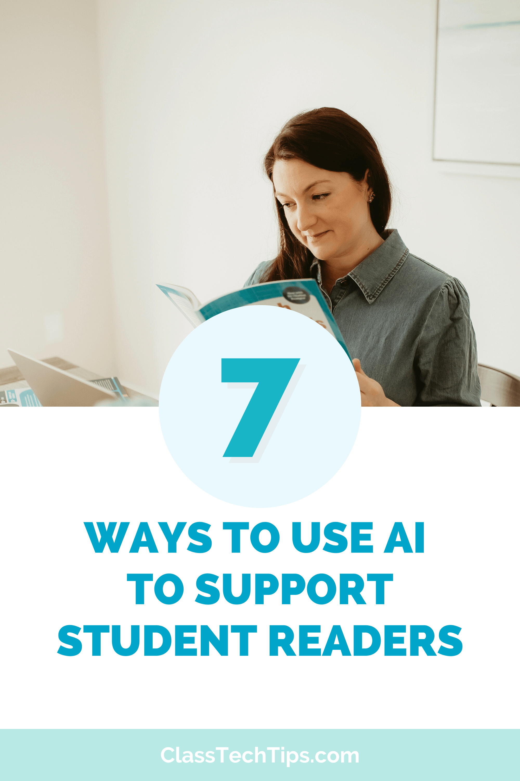 Header image for a blog post on AI to support student readers, featuring a teacher working with digital tools for reading instruction.