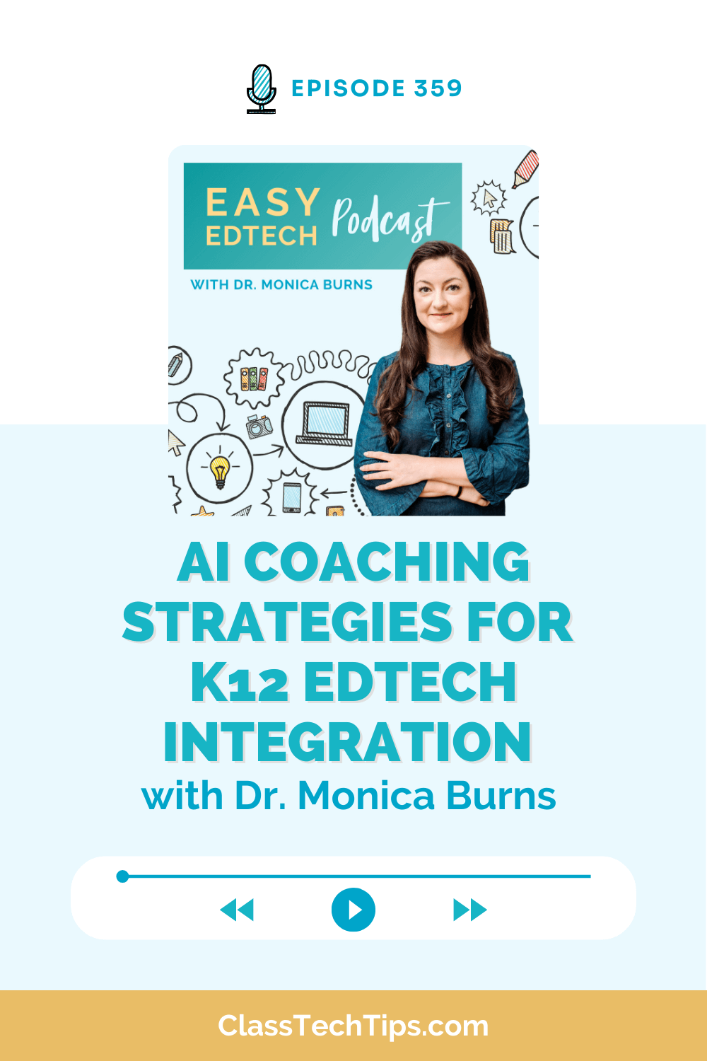 AI coaching strategies for K-12 EdTech integration featured in Easy EdTech Podcast Episode 359 with Dr. Monica Burns, highlighting educator support and AI implementation.