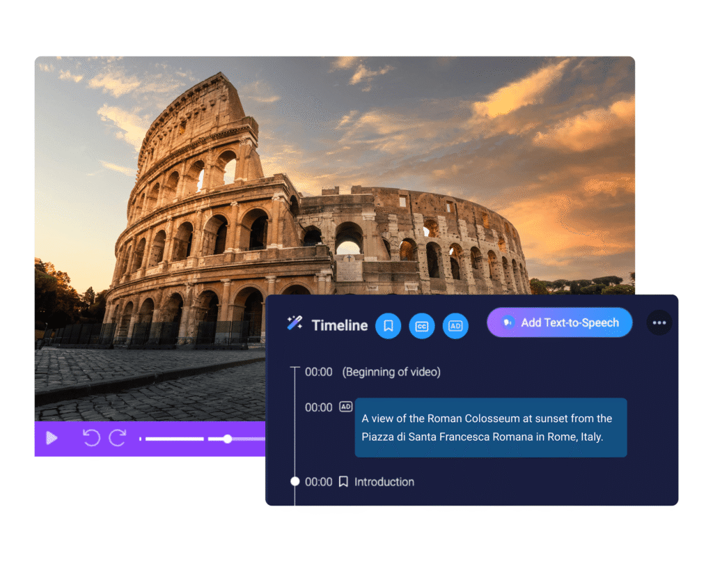 ScreenPal video editor timeline showing a quick formative assessment example with audio descriptions of the Roman Colosseum.