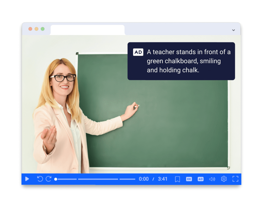 Video screen showing a teacher at a chalkboard with a ScreenPal audio description box for a quick formative assessment activity.