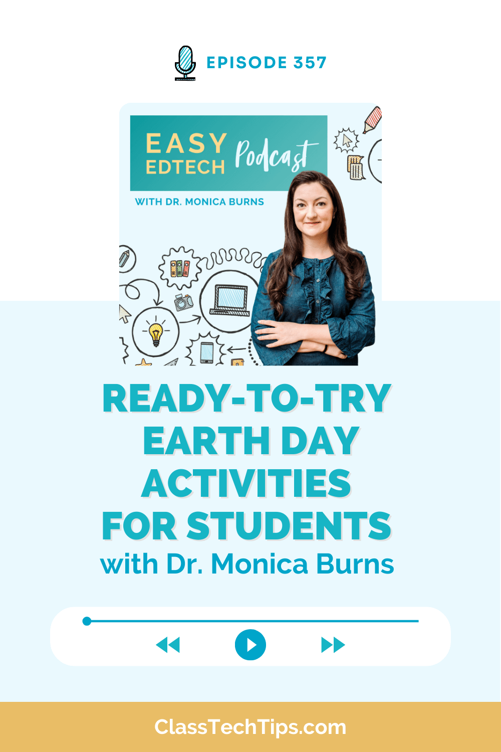 Podcast cover for the Easy EdTech Podcast featuring Dr. Monica Burns and the title “Ready-to-Try Earth Day Activities for Students,” highlighting tech-powered earth day activities for classrooms.