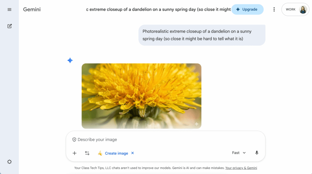Screenshot of Gemini generating a close-up spring flower image as part of creating Spring School Decorations with AI image tools.