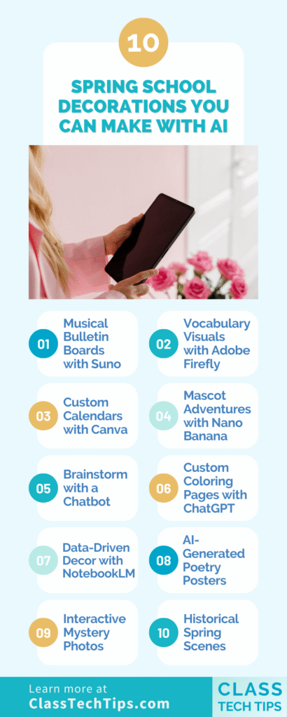 Infographic of 10 Spring School Decorations created with AI tools, including bulletin boards, vocabulary visuals, poetry posters, and interactive classroom decor ideas.