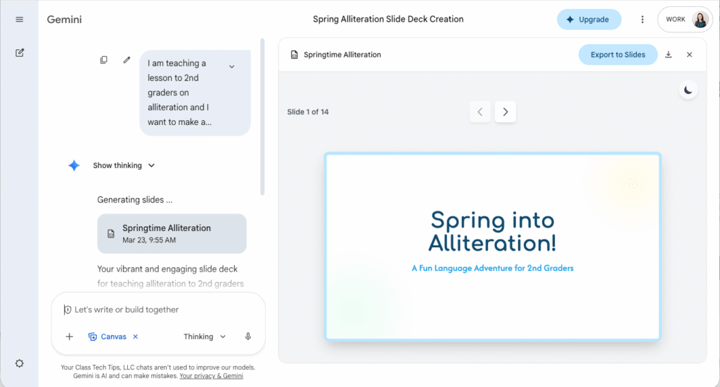 Screenshot of Gemini Canvas generating a slide deck from an AI prompt for teachers, showing a "Spring into Alliteration" presentation with the Export to Slides button
