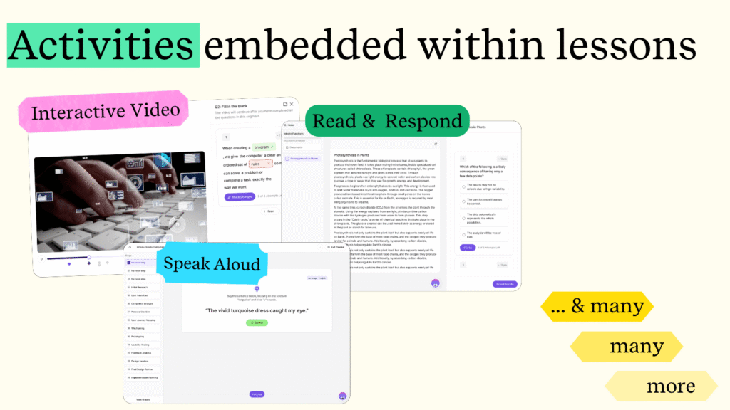 Kira 2.0 lesson activities including interactive video, read and respond, and speak aloud exercises embedded within the instructional workflow