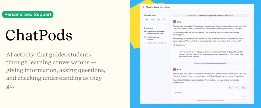 Kira 2.0 ChatPods feature showing an AI-guided learning conversation with checkpoints, supporting personalized student support within the instructional workflow