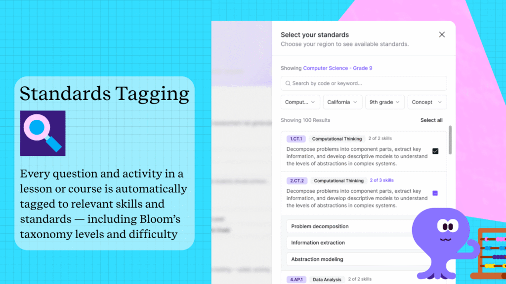 Kira 2.0 standards tagging interface displaying automatic alignment of activities to skills, Bloom's taxonomy levels, and state standards as part of the instructional workflow