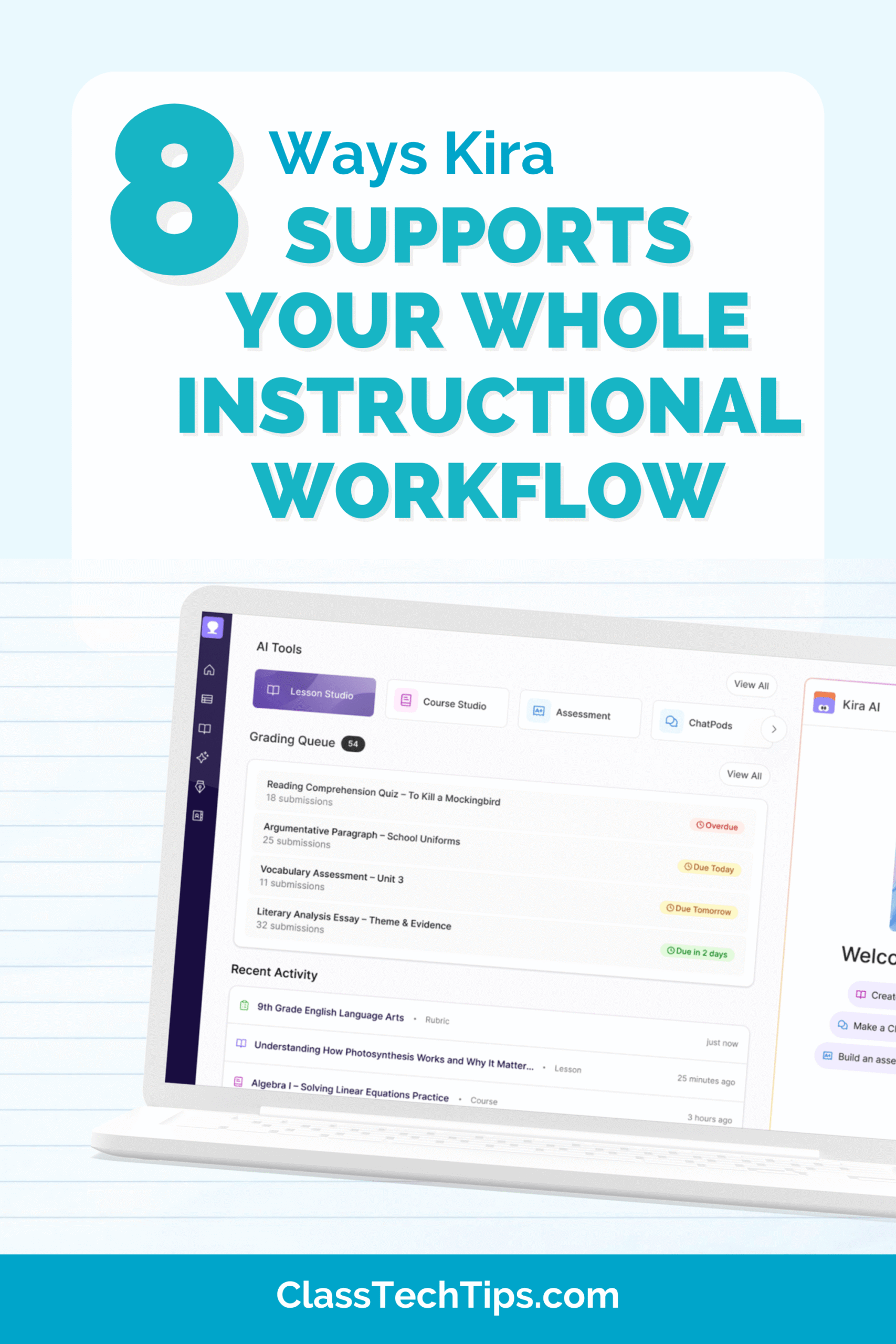 Explore 8 Ways Kira 2.0 Supports Your Whole Instructional Workflow with AI tools, grading queue, and more