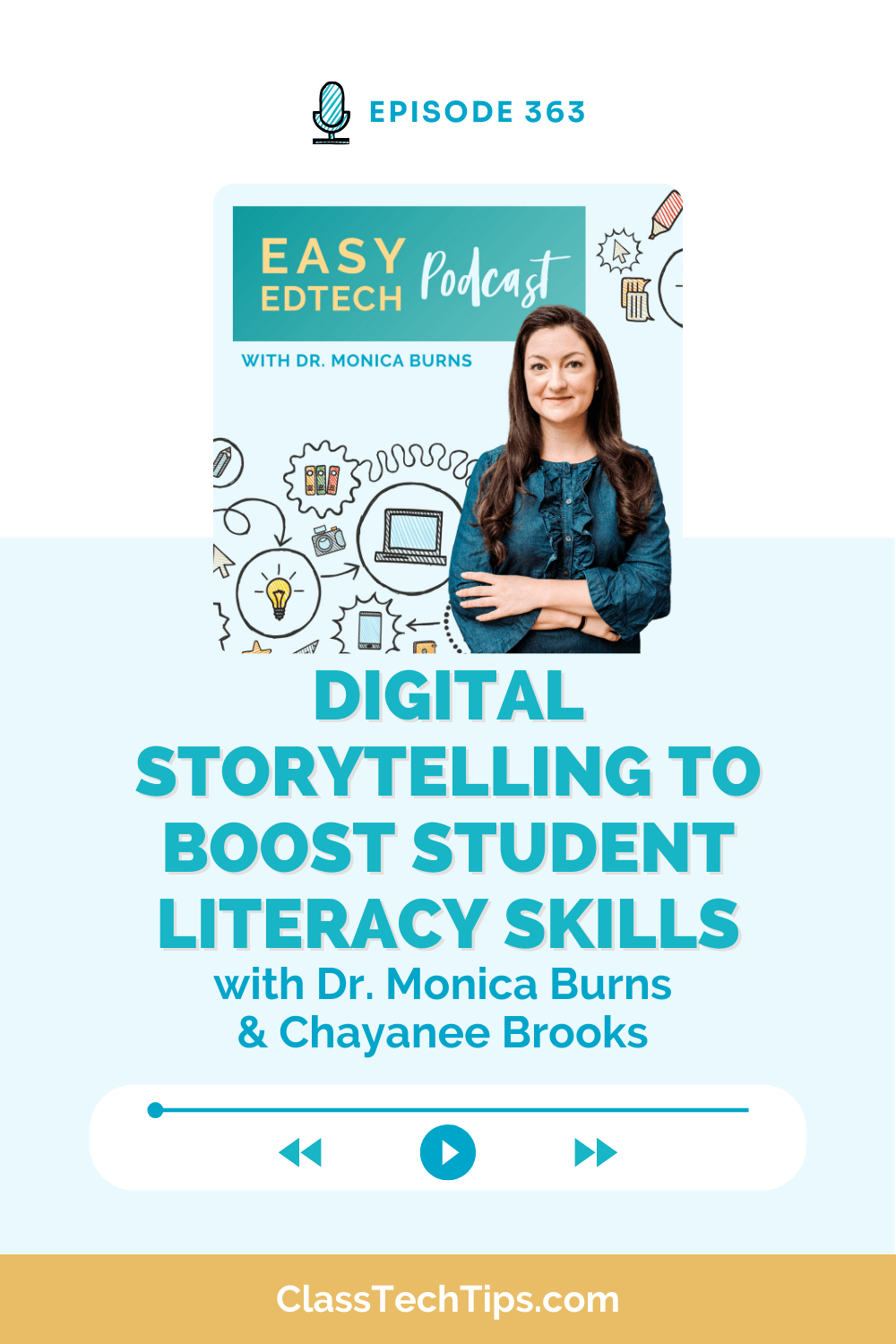 Podcast cover for Easy EdTech Episode 363 featuring Monica Burns and Chayanee Brooks on using digital storytelling to boost Student Literacy Skills through video projects.