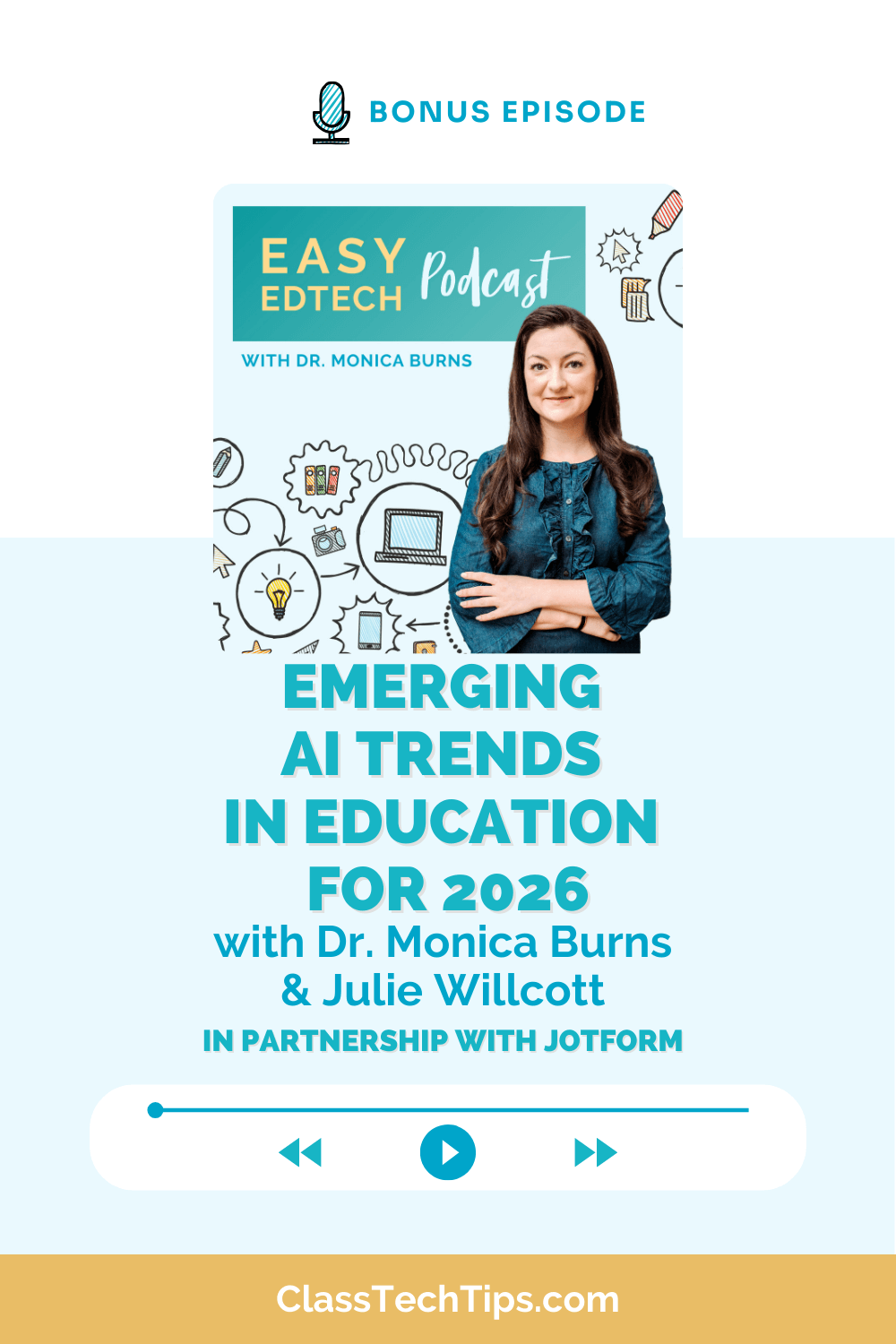 Podcast cover for the Easy EdTech Podcast featuring Dr. Monica Burns and Julie Willcott discussing AI Trends in education for 2026, including emerging artificial intelligence innovations for K-12 classrooms.