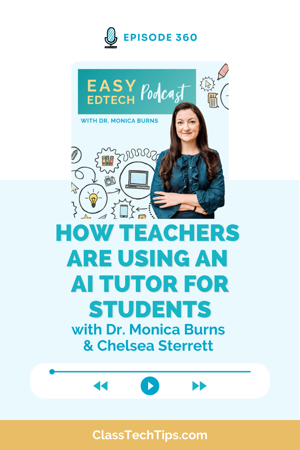 Podcast cover for Easy EdTech Episode 360 featuring Dr. Monica Burns and Chelsea Sterrett discussing how teachers use an AI tutor for students in the classroom.