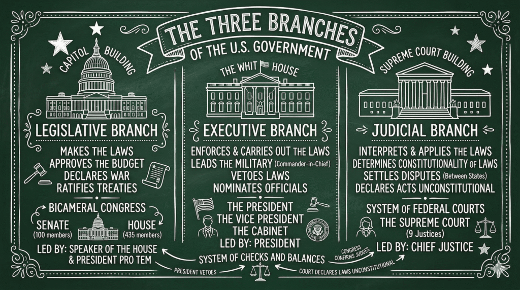 Chalkboard-style civics poster showing classroom infographics about the three branches of U.S. government with labeled sections for legislative, executive, and judicial branches.