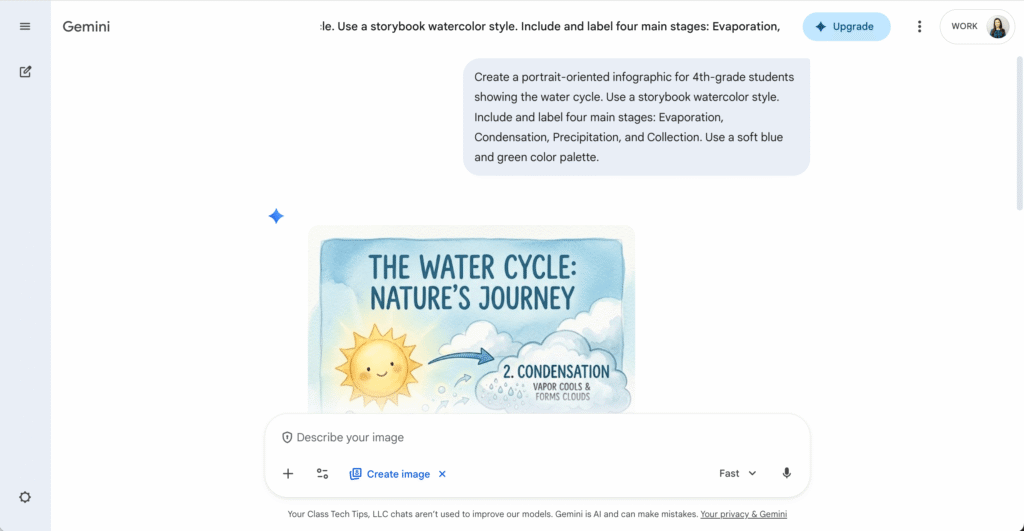 Screenshot of Gemini generating classroom infographics from a prompt about the water cycle for fourth grade students.