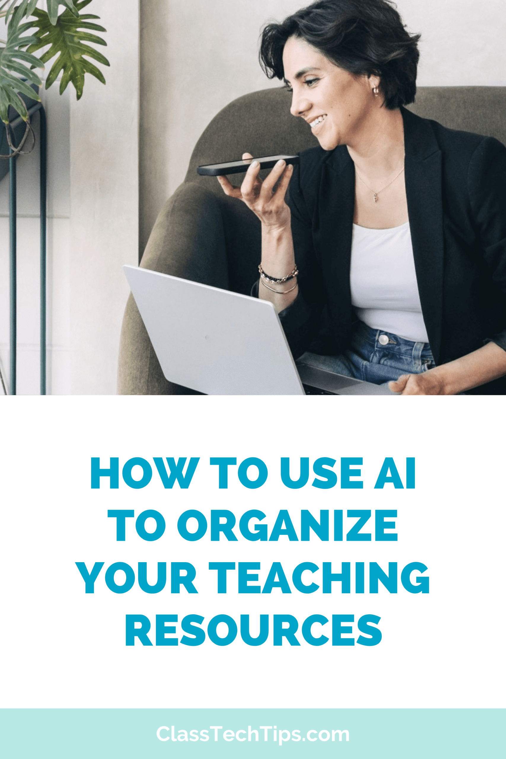 Teacher using AI to organize teaching resources on her laptop while brainstorming ideas on her phone