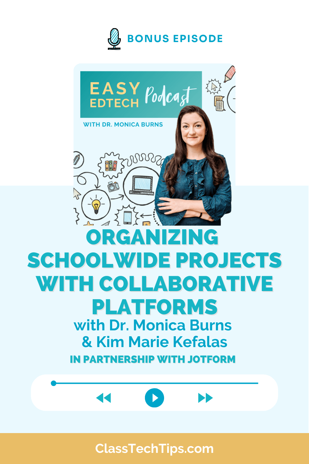 Promotional graphic for the Easy EdTech Podcast bonus episode on organizing schoolwide projects with collaborative platforms, featuring Dr. Monica Burns and Kim Marie Kefalas.