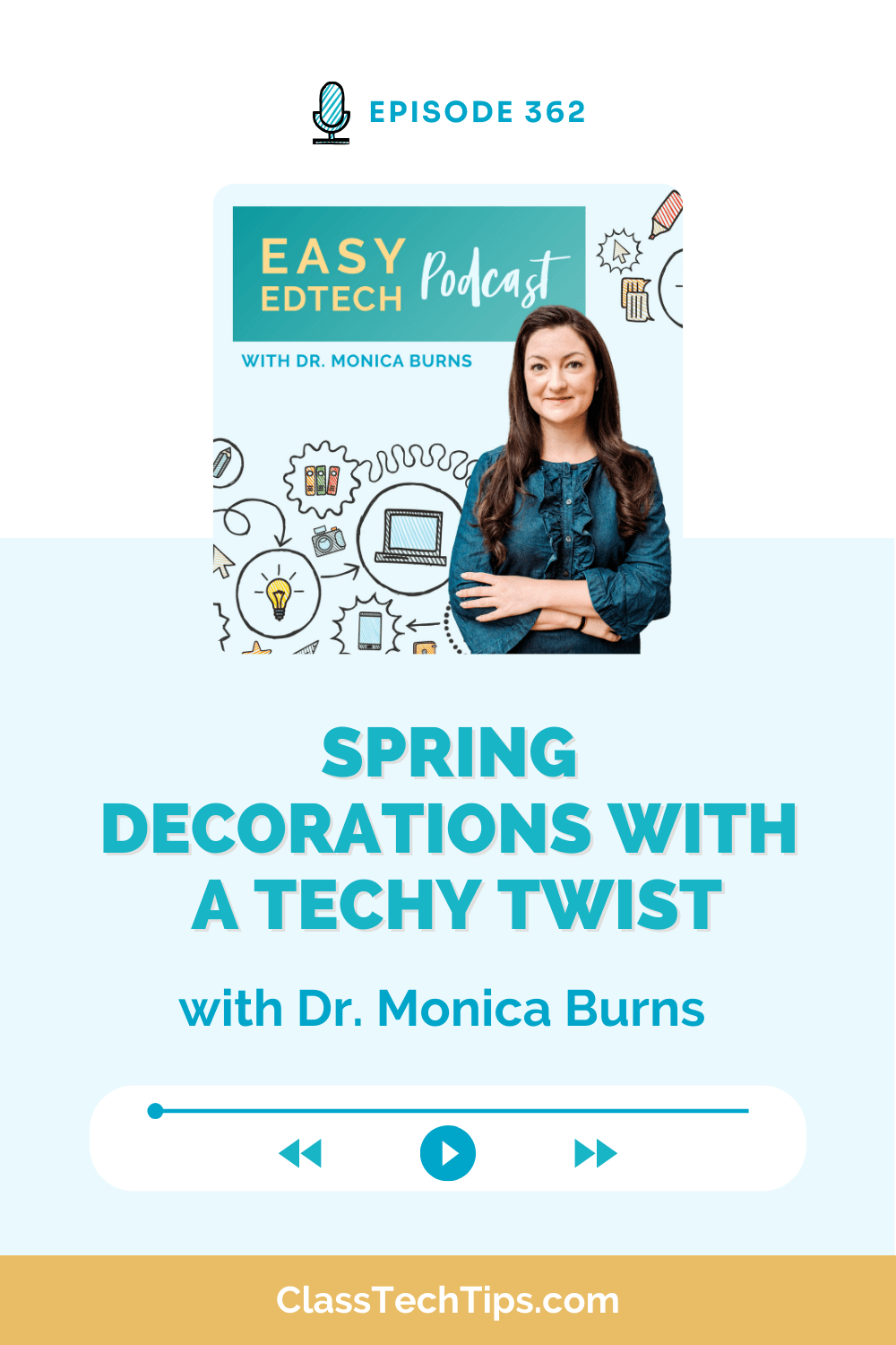 Podcast graphic for Easy EdTech Episode 362 featuring Dr. Monica Burns about spring decorations with a techy twist, including creative classroom decor ideas using EdTech.