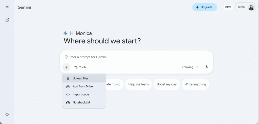 Gemini AI chatbot interface showing the upload menu with options to upload files, add from Drive, import code, and access NotebookLM for AI chatbot tips for teachers