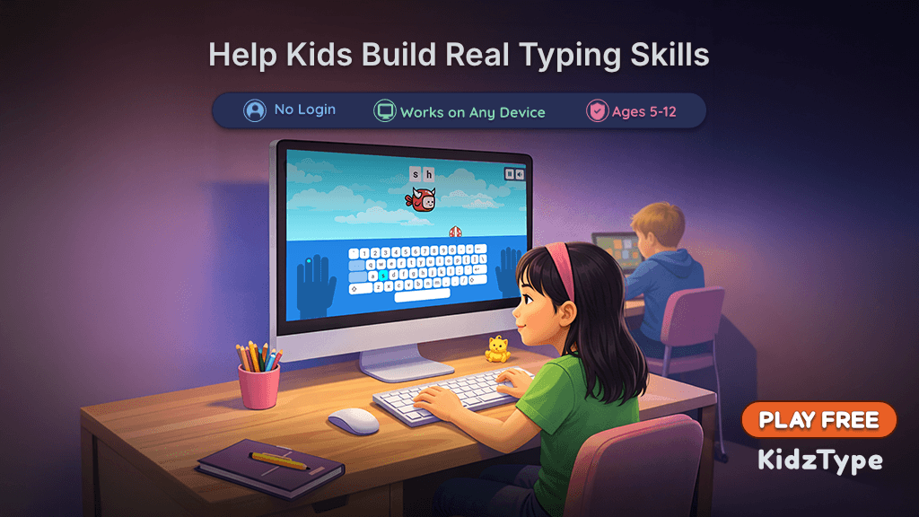 Illustration of a girl playing free typing games for kids on KidzType with a bird-themed keyboard challenge on her desktop screen