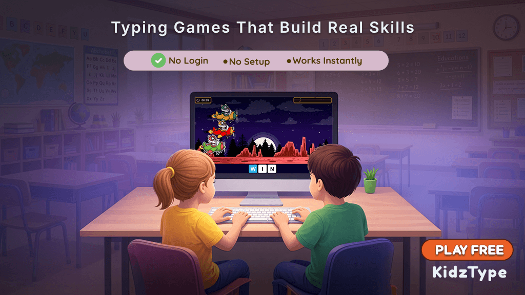 Two students playing free typing games for kids together on KidzType in a classroom with a racing-themed challenge on screen