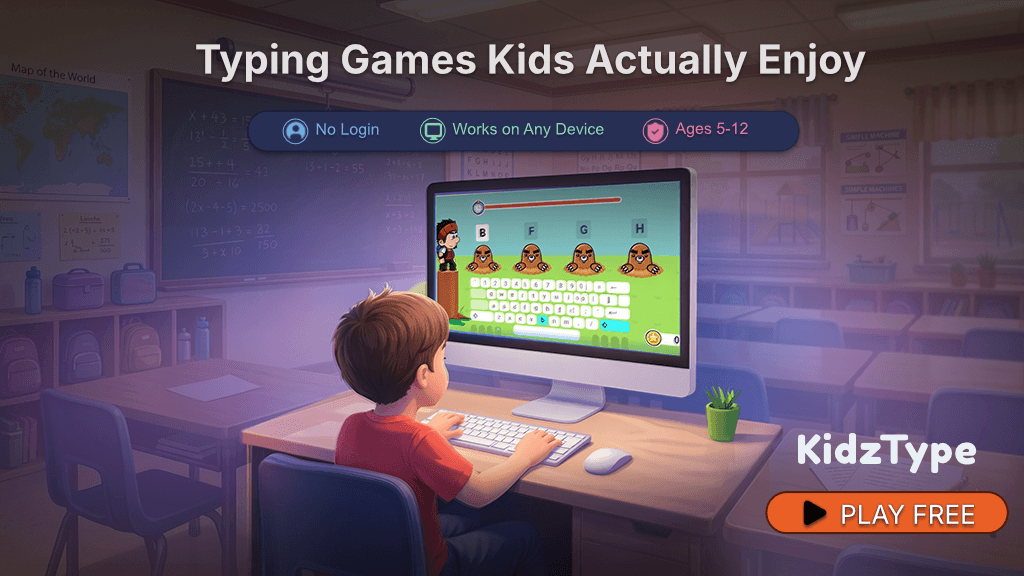 Boy playing free typing games for kids on KidzType with a mole-themed keyboard challenge on his classroom computer