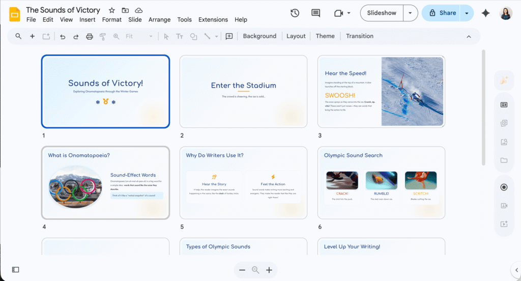 Google Slides grid view of a 13-slide onomatopoeia and Winter Olympics deck created with Gemini showing slides with vocabulary and images