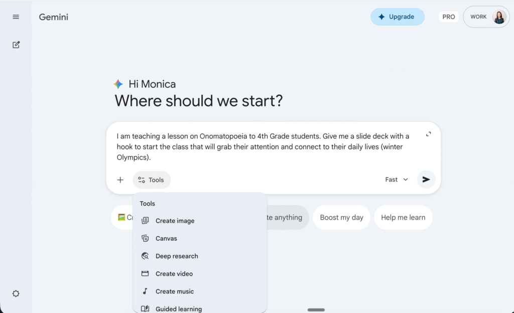 Gemini home screen with a prompt to create slides about onomatopoeia for 4th graders and the Tools menu open showing the Canvas option