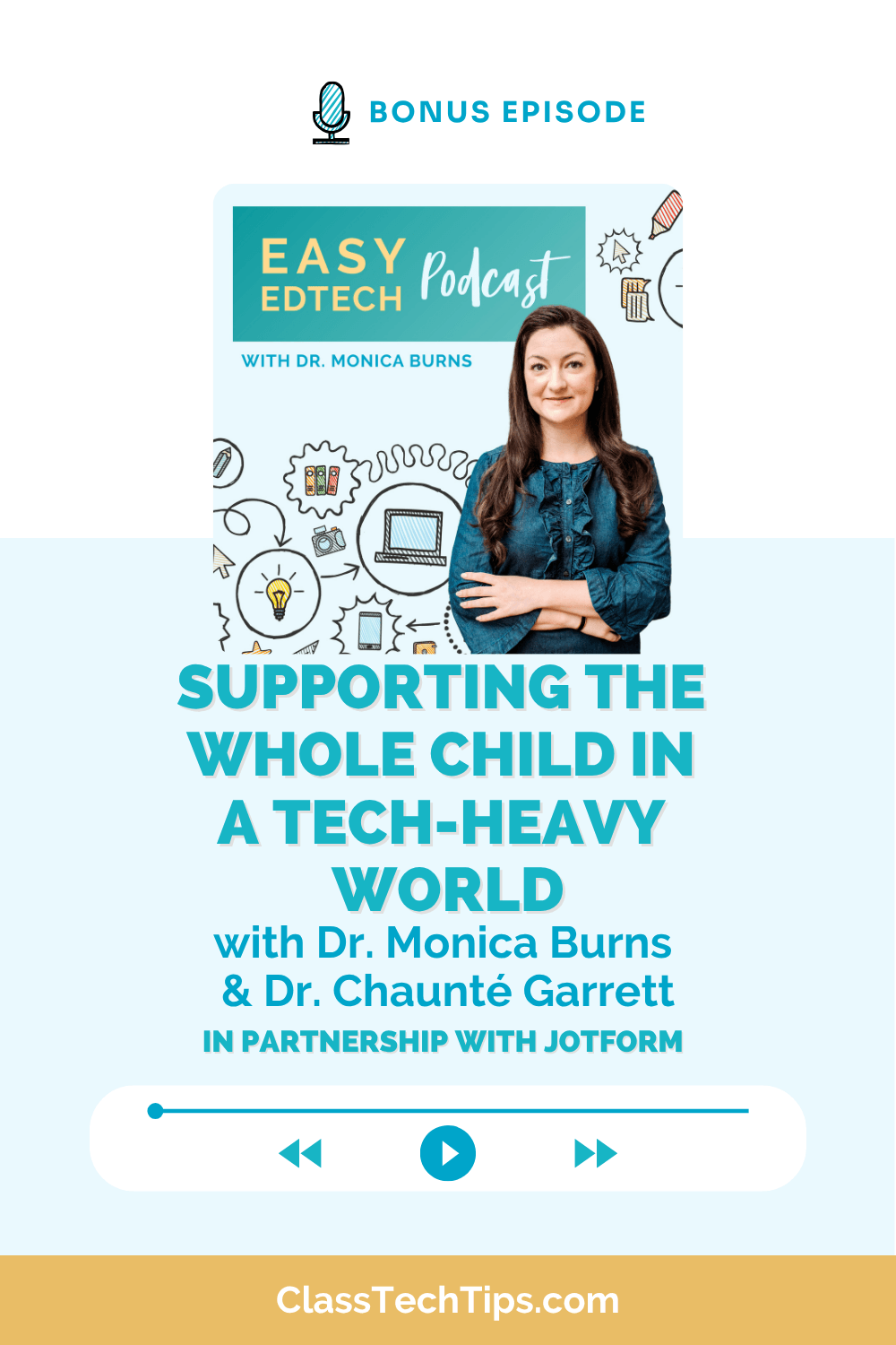 Supporting the Whole Child in a tech-heavy world podcast graphic featuring Dr. Monica Burns and Dr. Chaunté Garrett with Easy EdTech Podcast branding