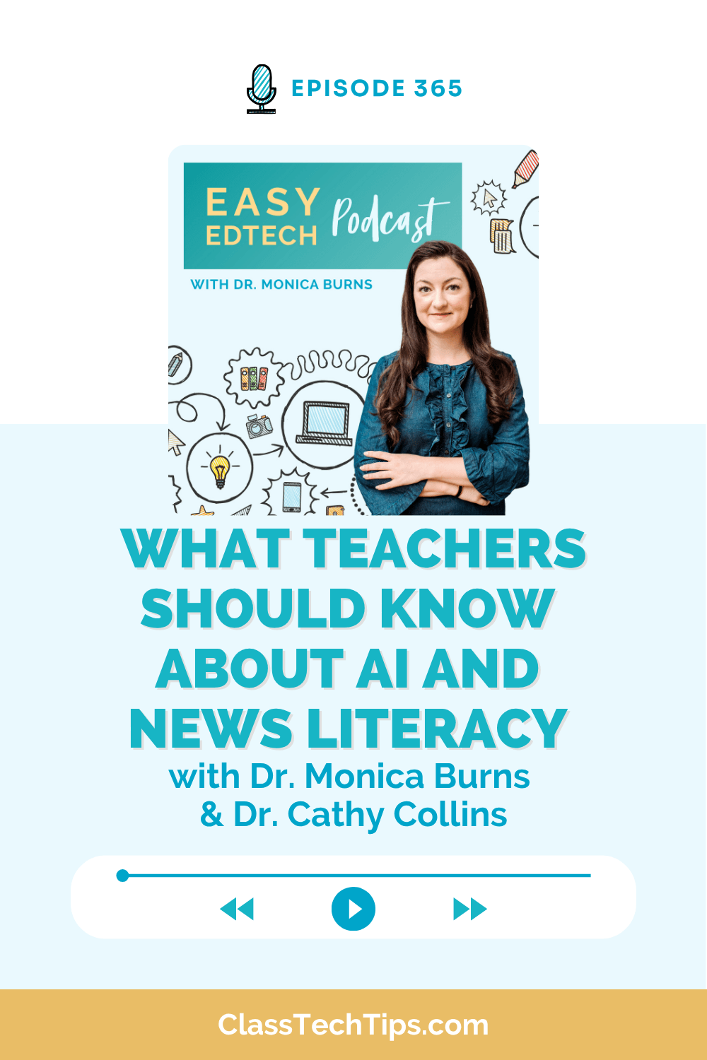 Easy EdTech Podcast episode graphic on News Literacy featuring Dr. Monica Burns and Dr. Cathy Collins with strategies for teaching AI and evaluating information