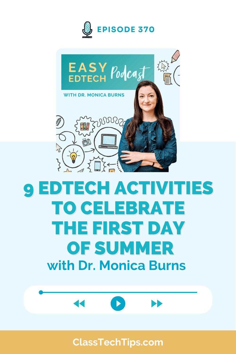 Easy EdTech Podcast graphic featuring Dr. Monica Burns and creative first day of summer activities for classroom learning with EdTech tools and student engagement ideas.