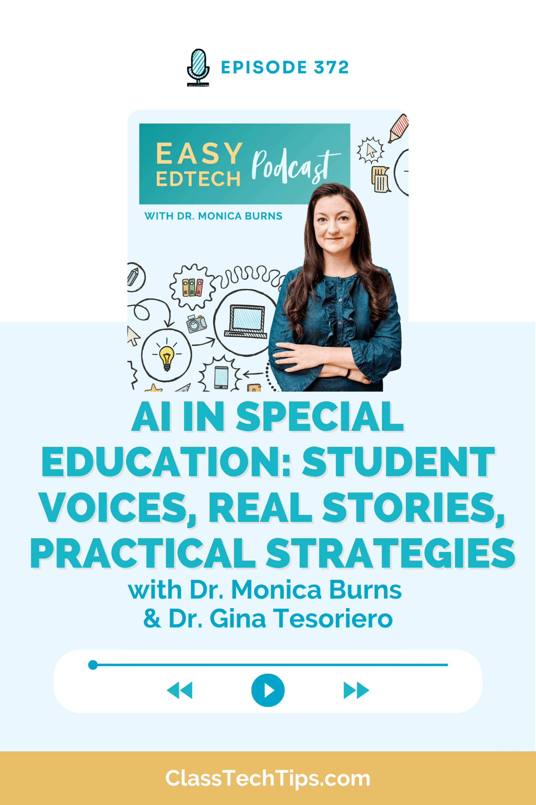 Podcast cover for the Easy EdTech Podcast episode on AI in special education featuring Dr. Monica Burns and Dr. Gina Tesoriero, focused on neurodiverse learners, student voice, and practical AI strategies for special education classrooms.