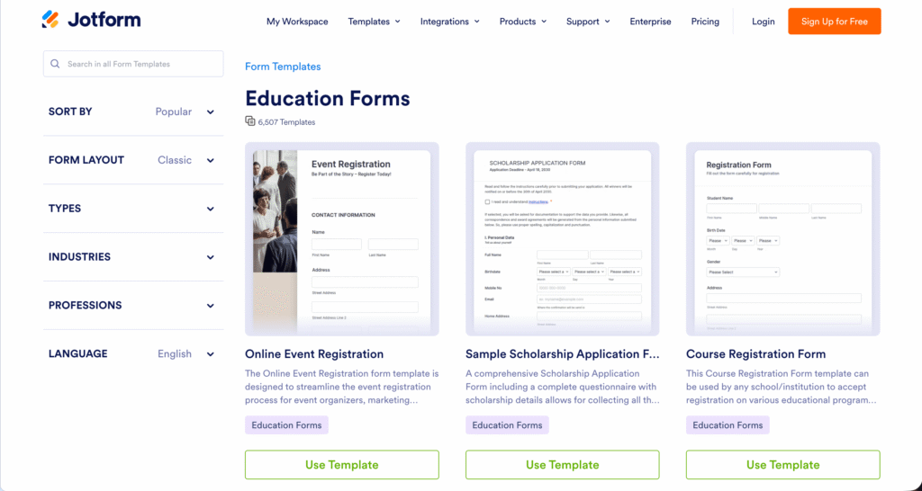Jotform for teachers education forms template library showing over 6,500 templates including event registration, scholarship application, and course registration forms