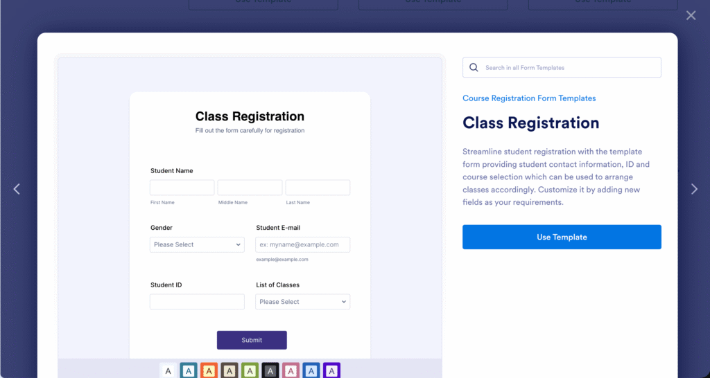 Jotform for teachers class registration form template with fields for student name, gender, email, student ID, and list of classes