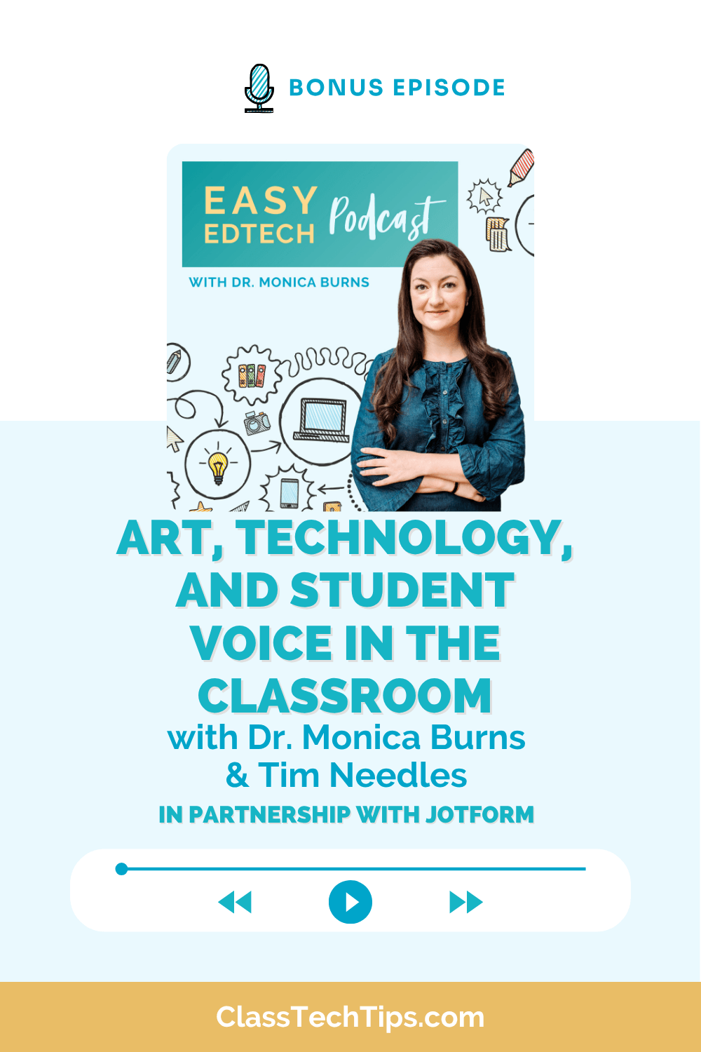 Easy EdTech Podcast graphic featuring Dr. Monica Burns and Tim Needles on using technology and student voice to support creativity and storytelling in the classroom