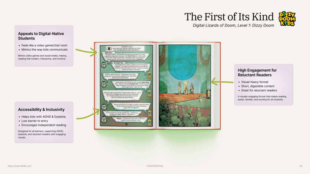 Image 3 — Open book spread with character dialogue panels
Inside look at graphic novels in the classroom showing character emoticons that help students follow dialogue